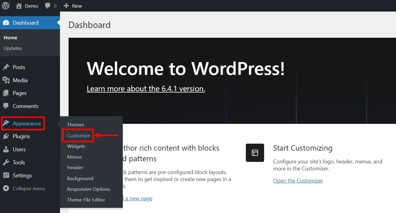 Clicking on customize menu