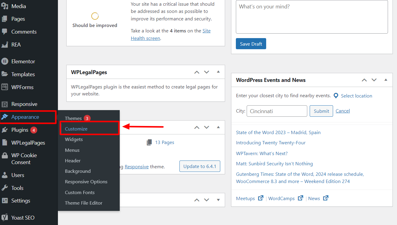 From your WordPress dashboard, navigate to Appearance > Customize.