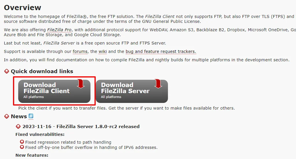 Downloading FileZilla 