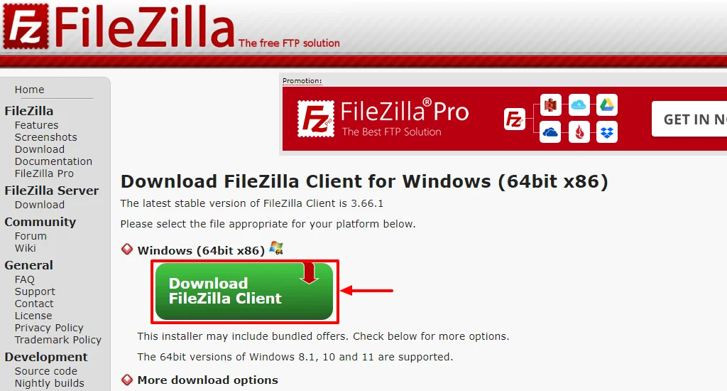 Downloading FileZilla client 