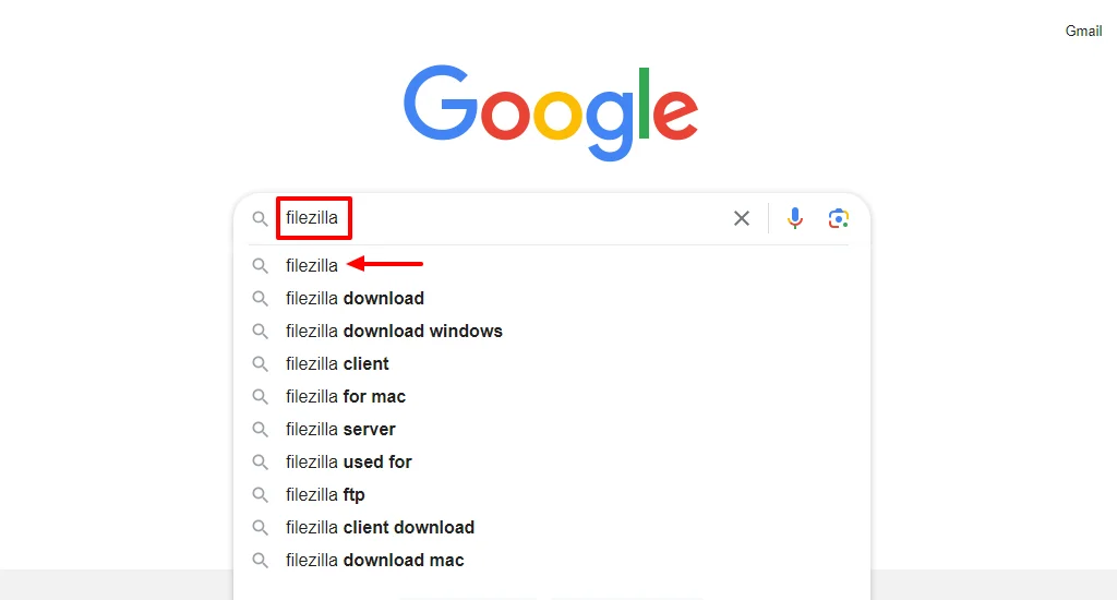 Searching FileZilla in Google