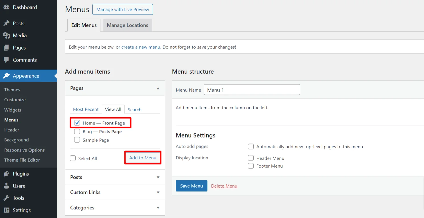 Adding home page to menu