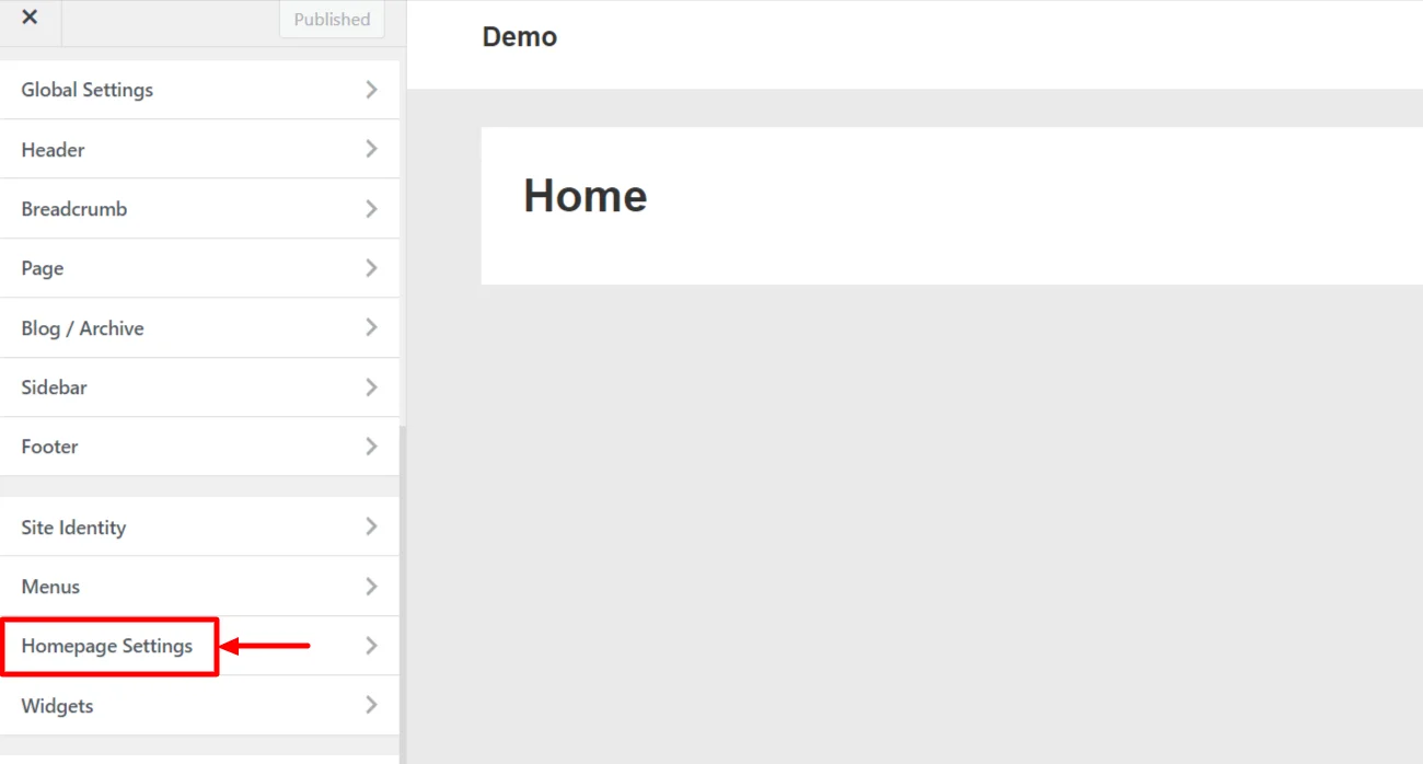 Clicking on homepage settings