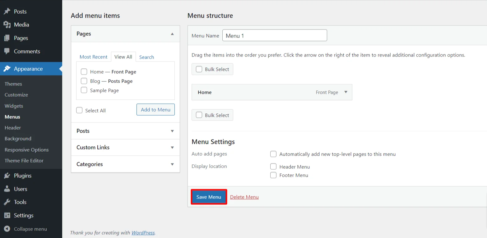 Clicking on save menu