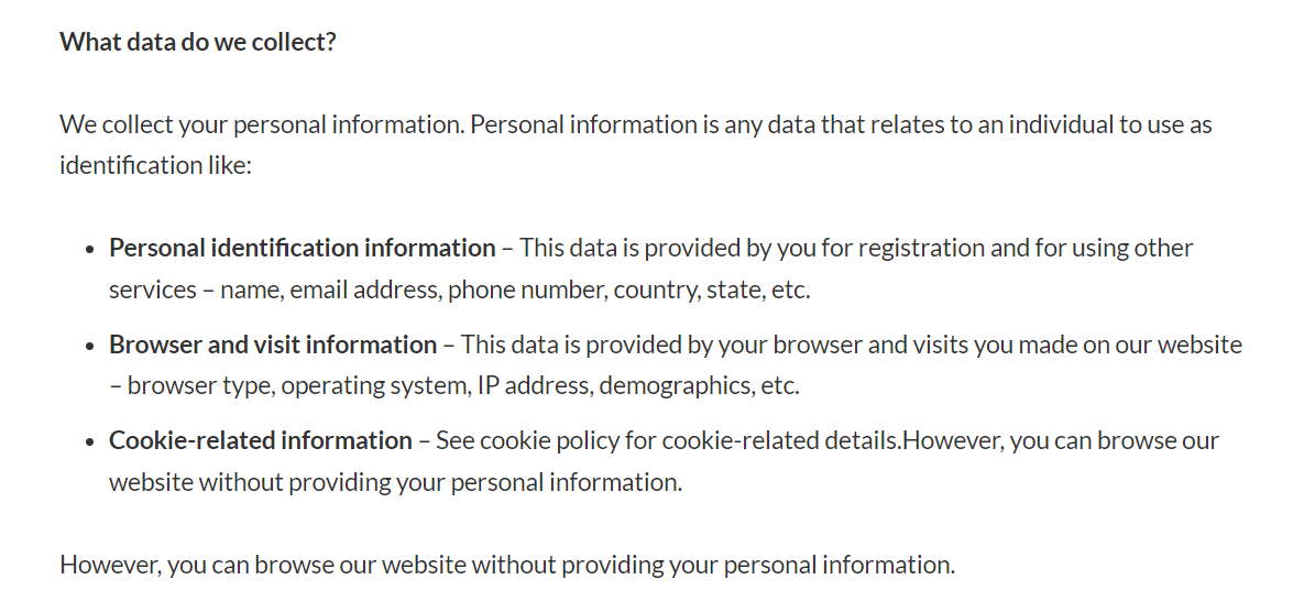 Purpose of privacy policy: Types of Personal Data You Collect