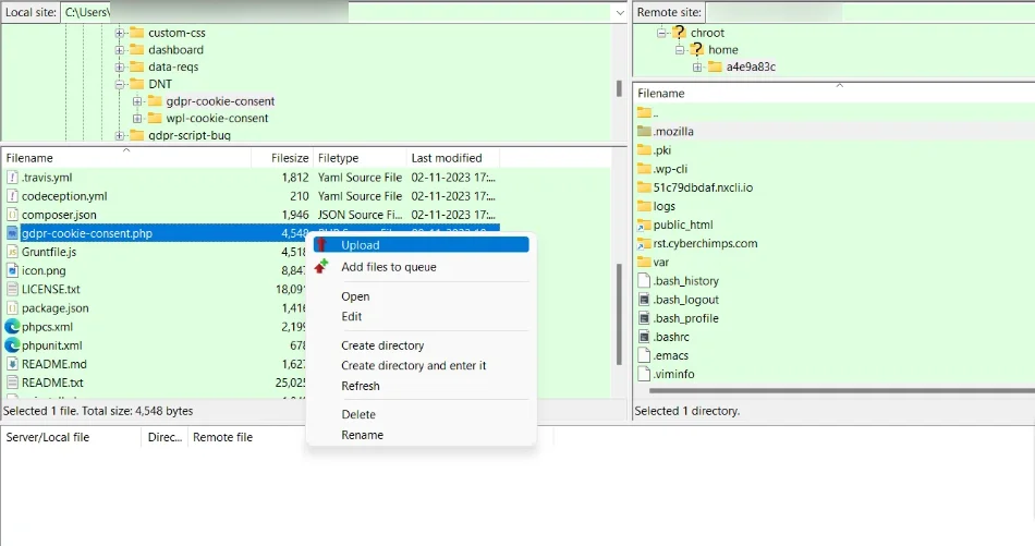 Upload files from computer to web server