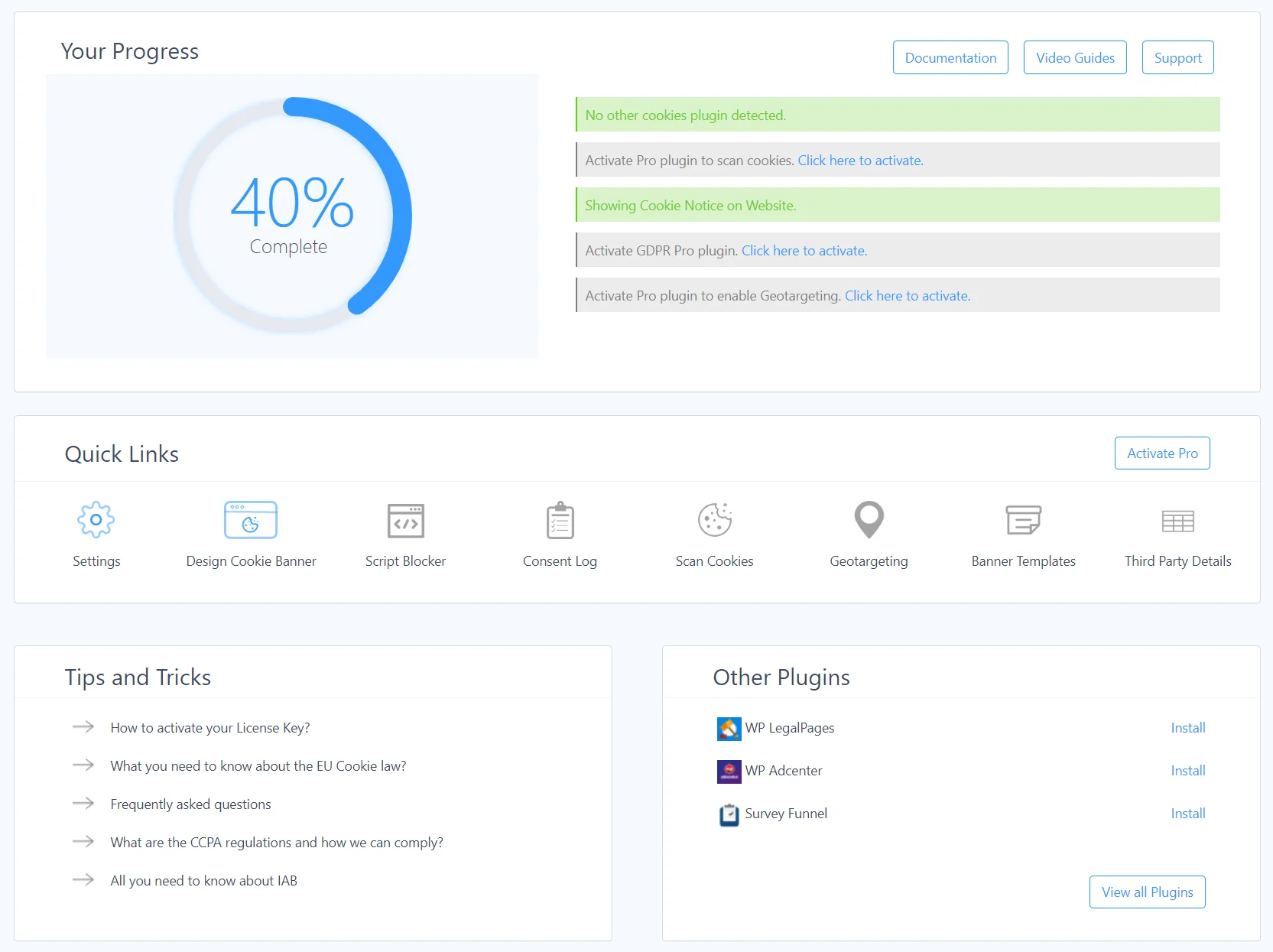 WP Cookie Consent dashboard