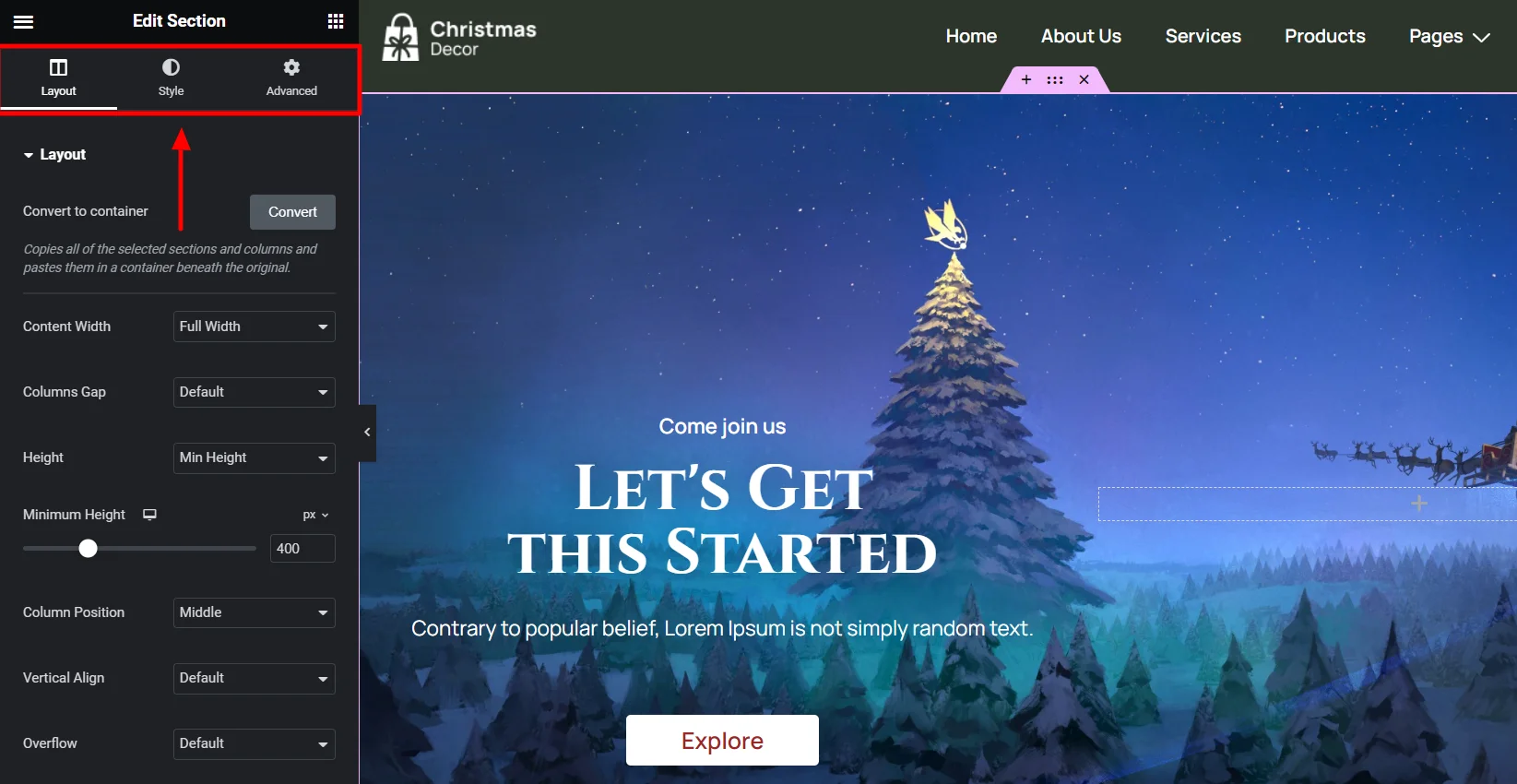 Styles tab in elementor