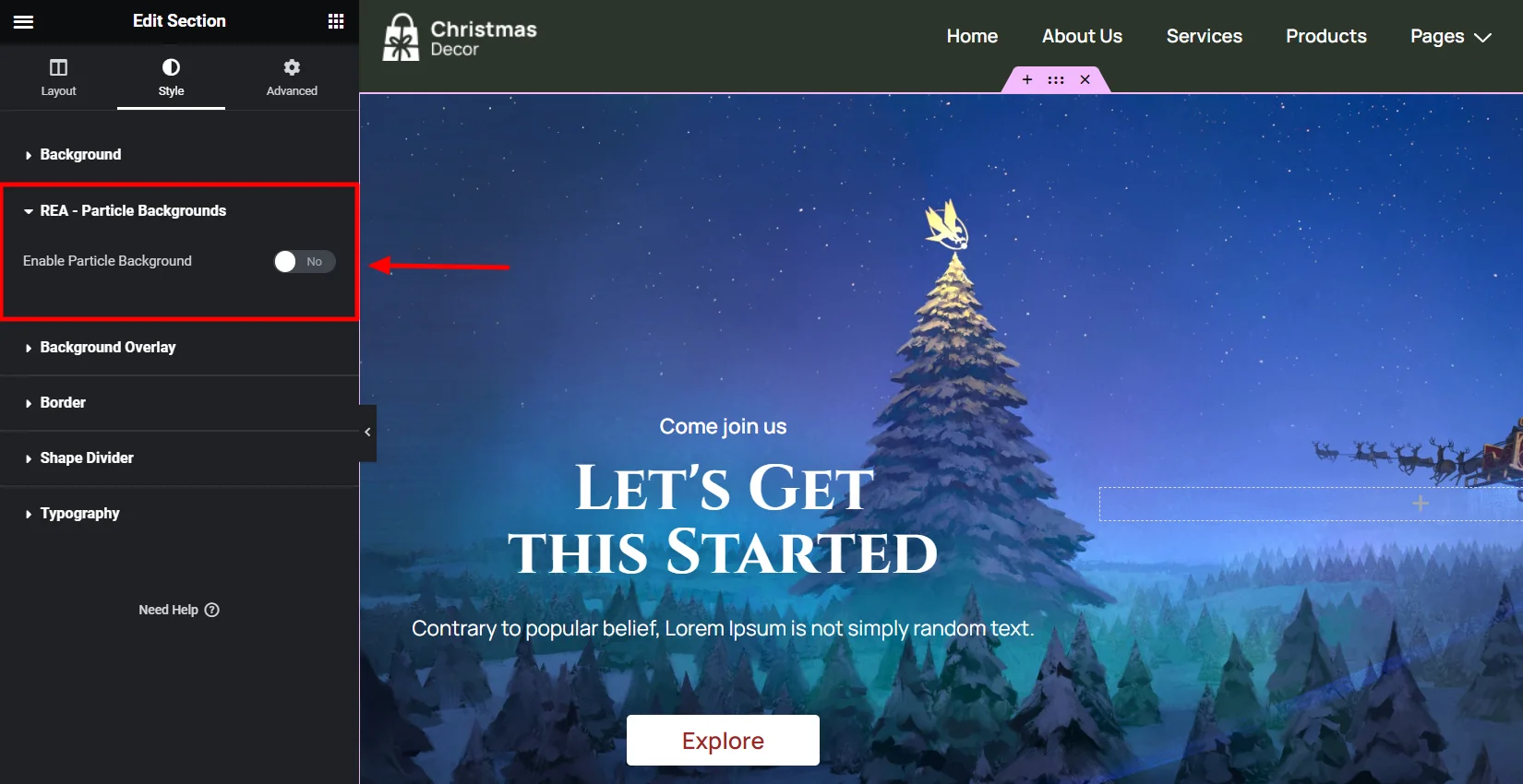 Enable the Particle Background button in settings