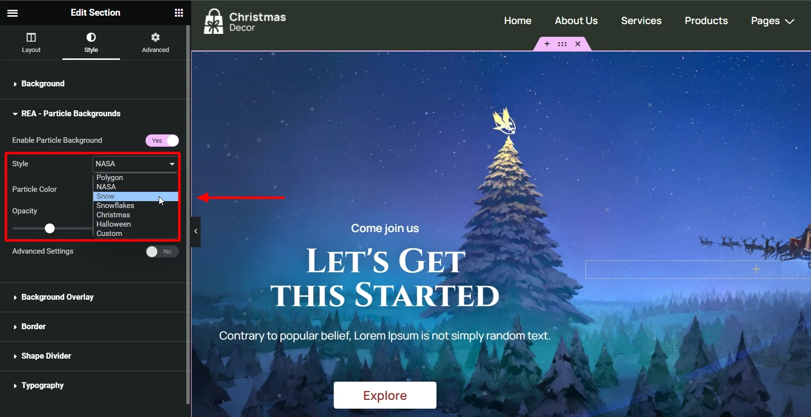Selecting SNOW particle style