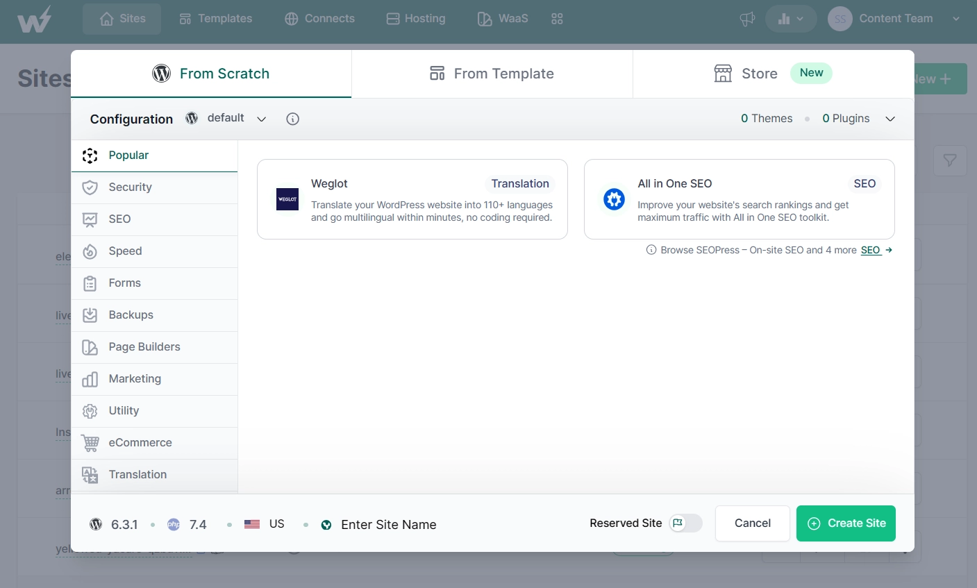 Create site with InstaWP