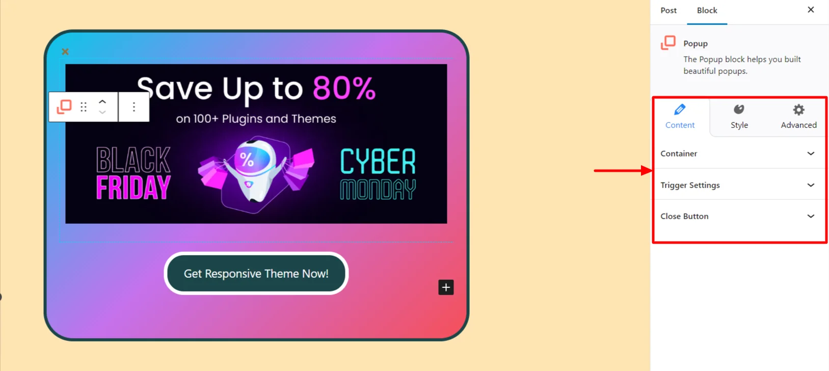 Popup content settings options
