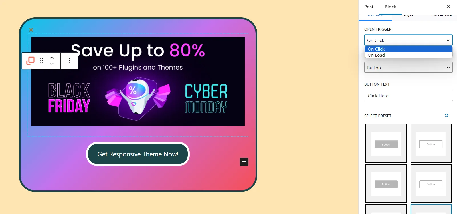 Open Trigger options using Popup block
