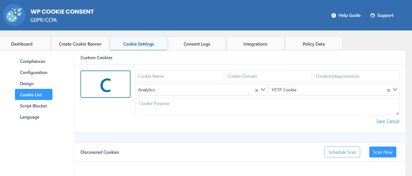 WP Cookies Consent - Scan now button for checking cookies