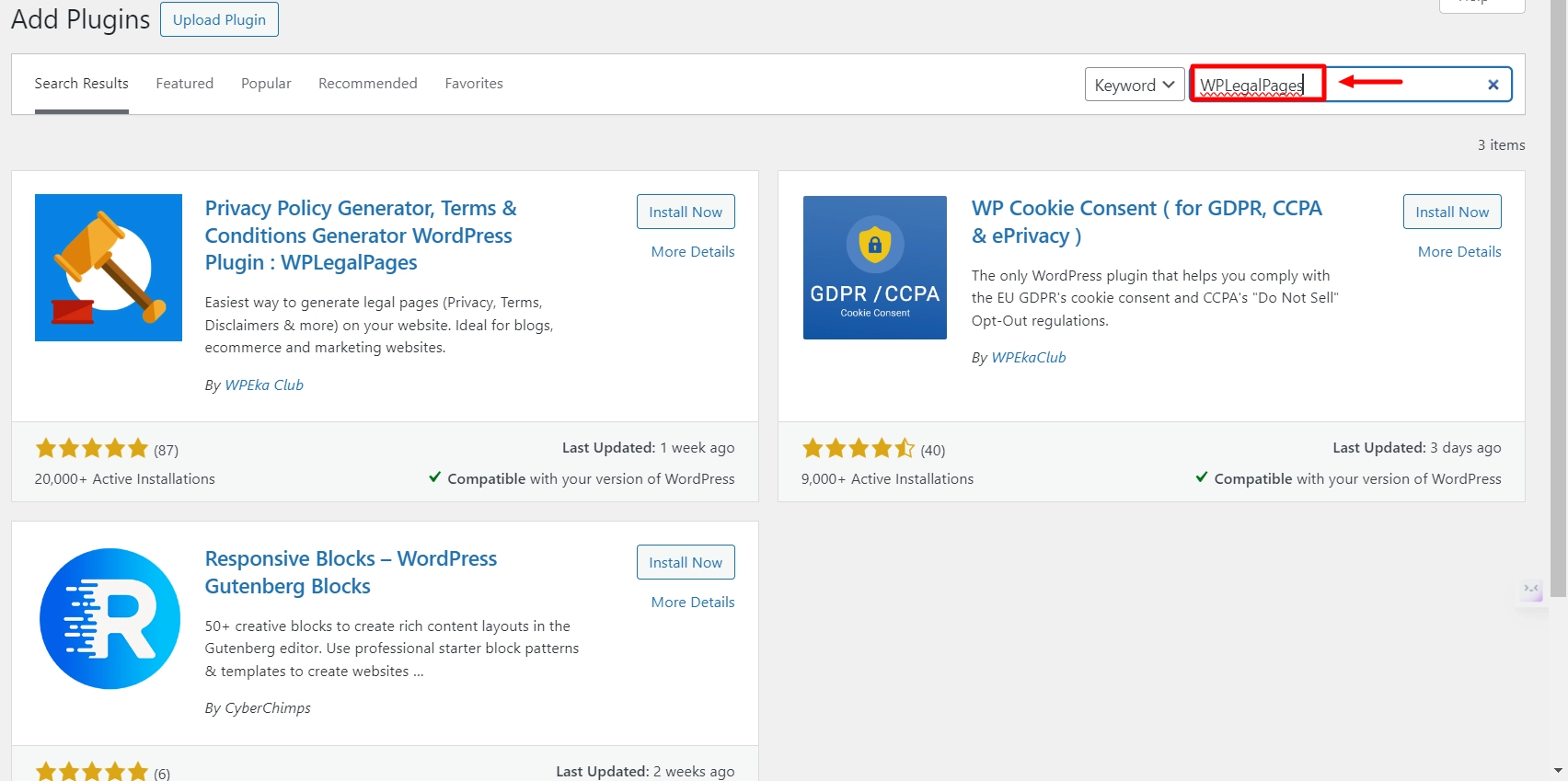 Searching WP legal pages