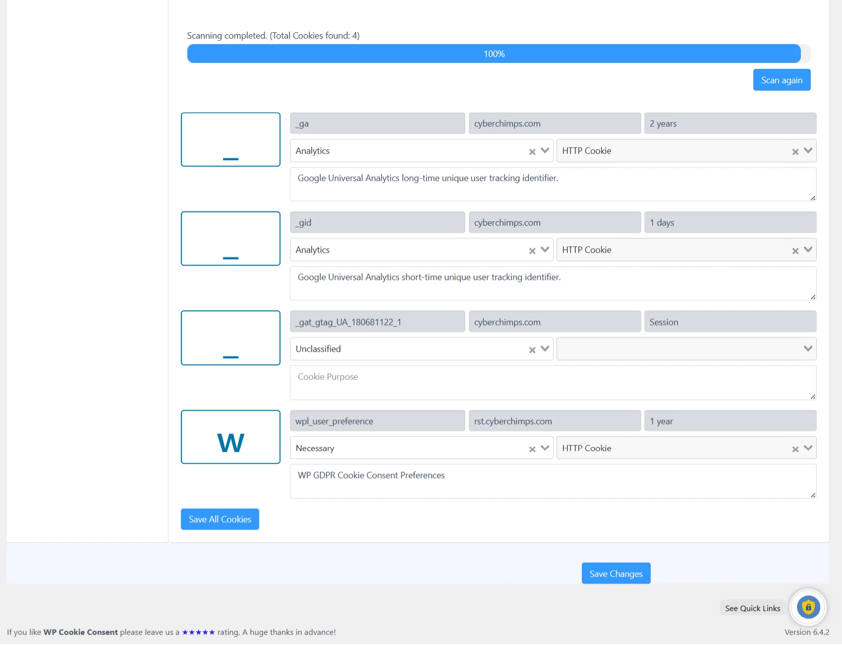 Website's cookies list using WP Cookie Consent plugin