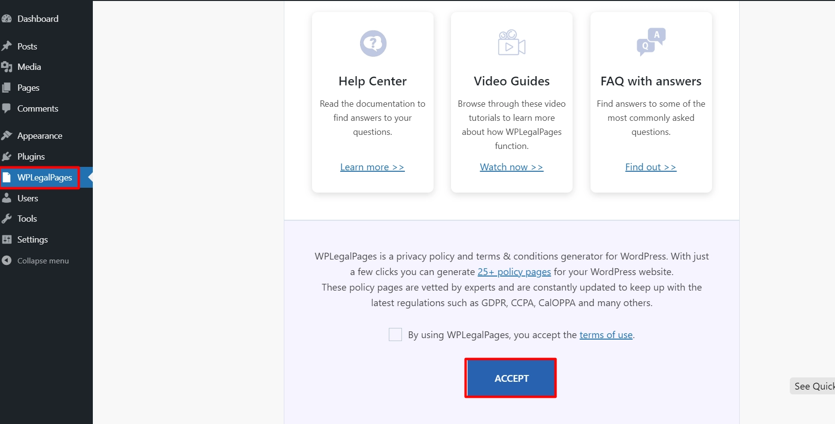 accepting the term and conditions to use the plugin