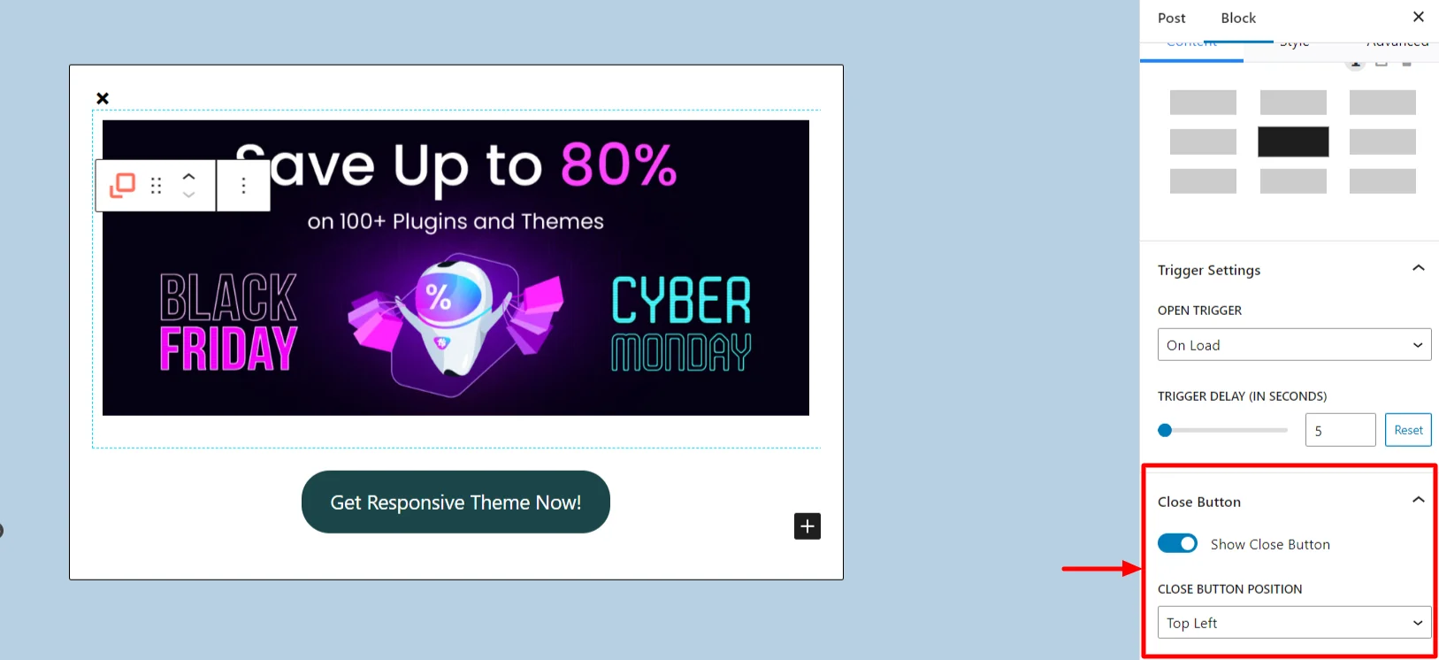 Popup close button options