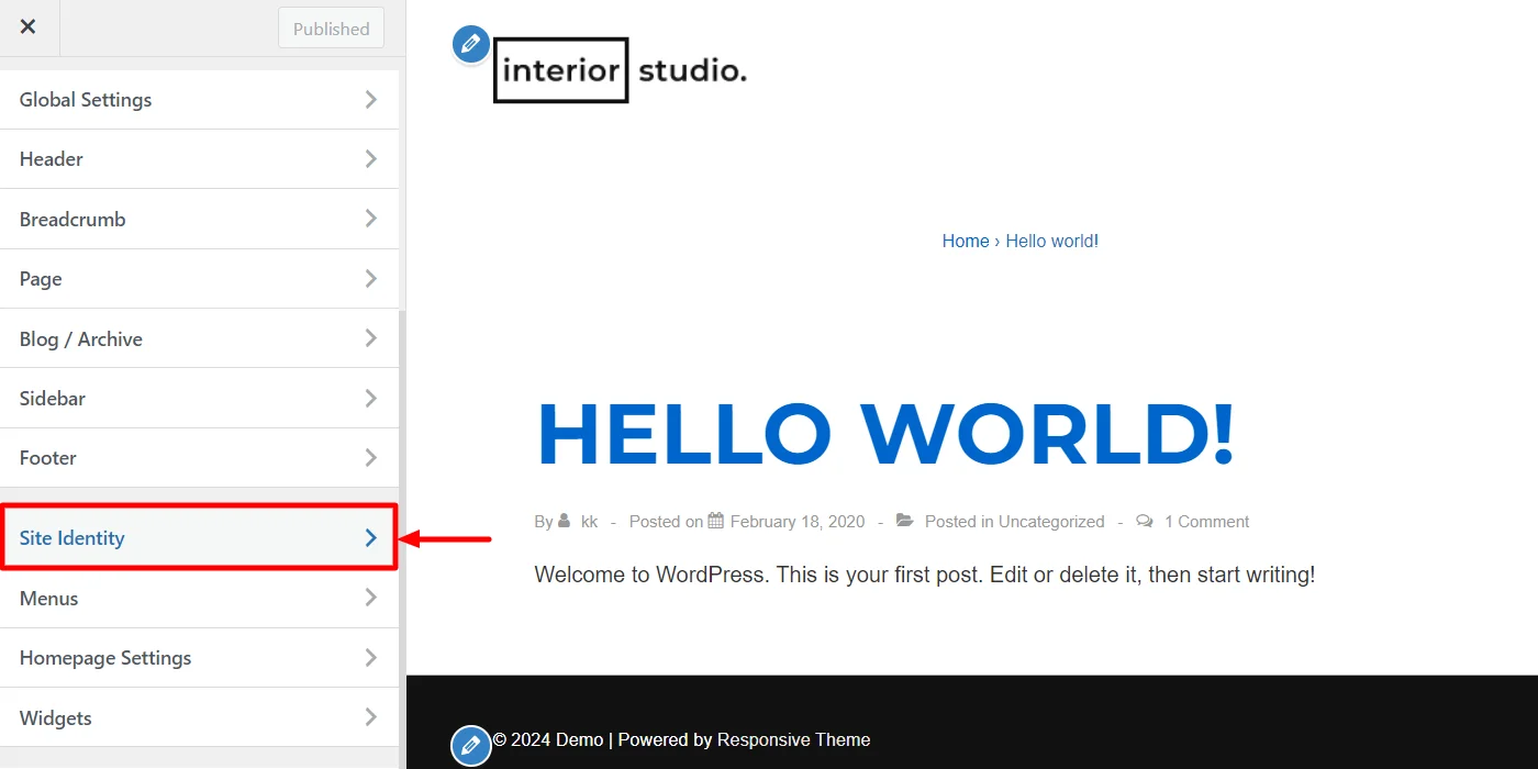 Clicking on site identity
