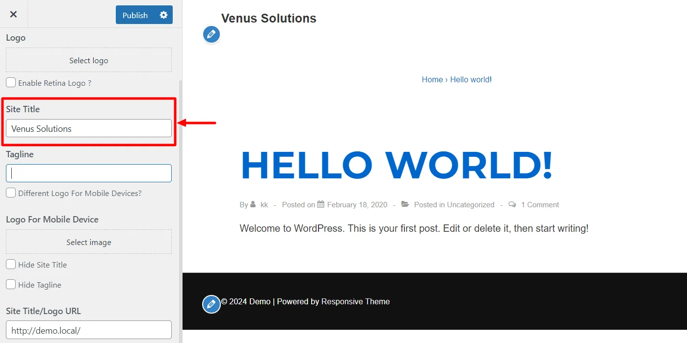 Site title using Responsive theme customizer