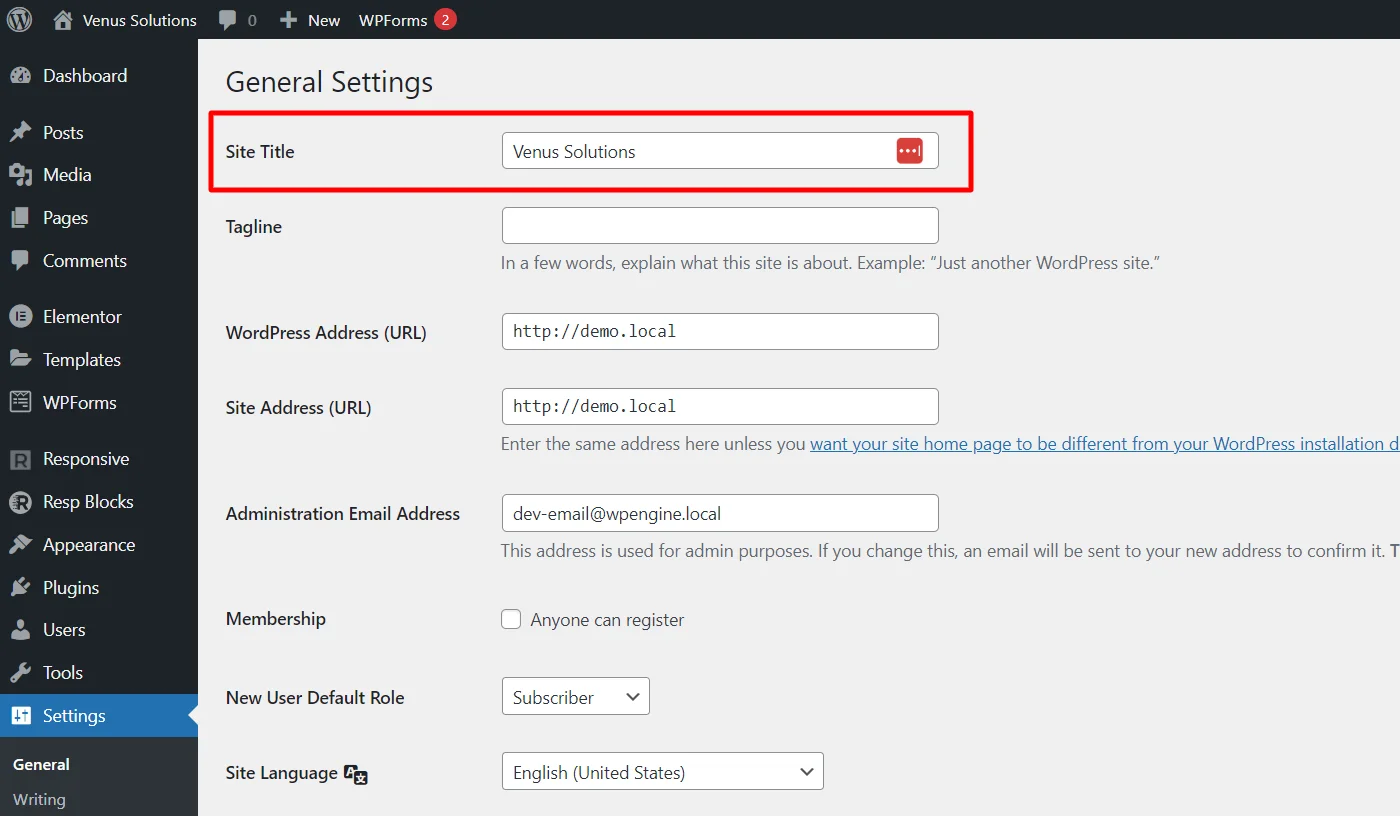 Set site title using general settings