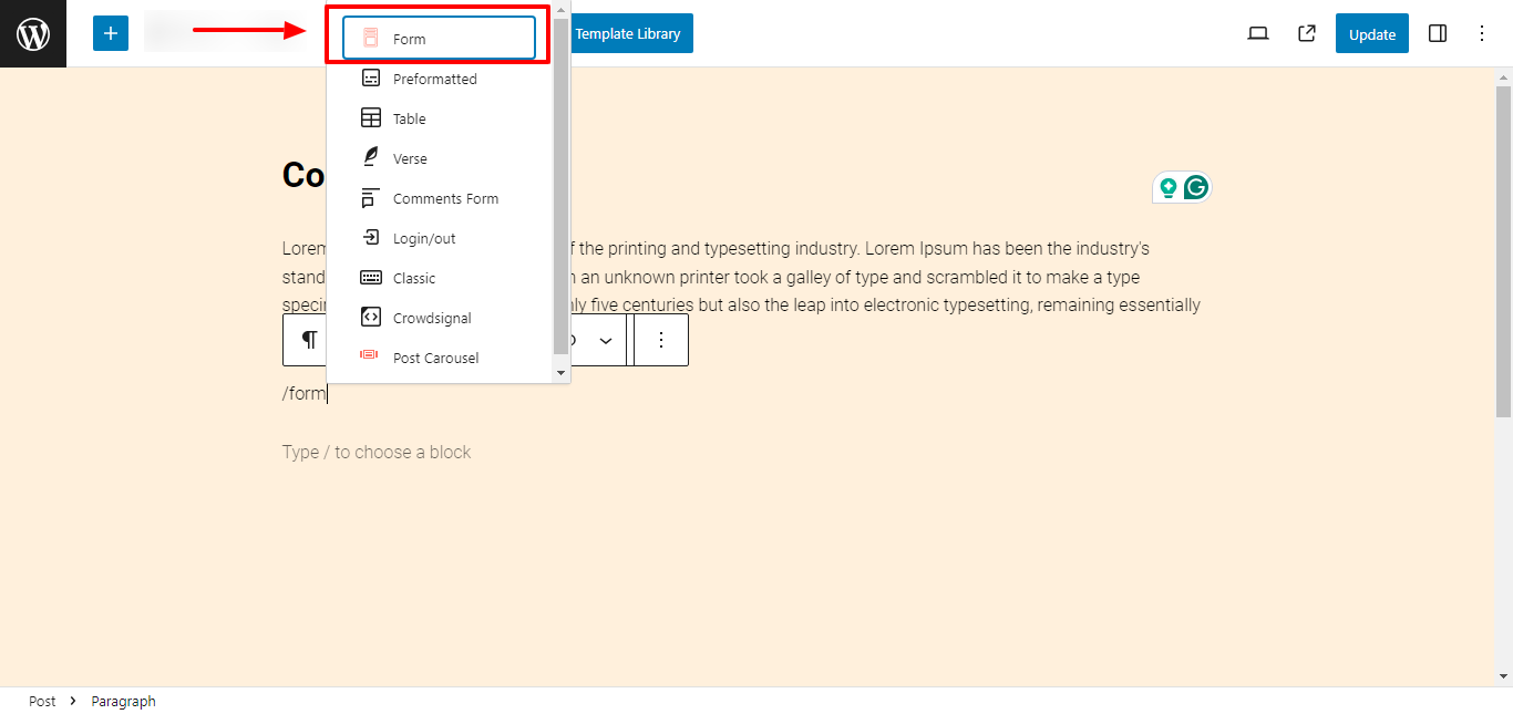 Type /form to add the widget