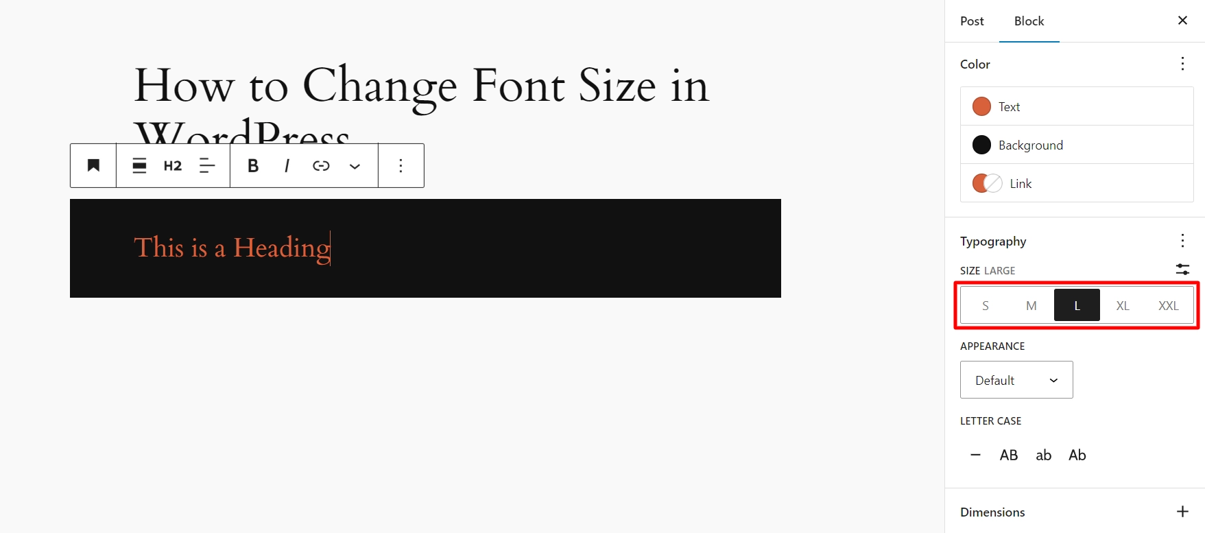 Change the heading size using Block