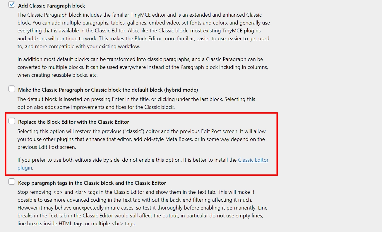 Replace the Block Editor with the Classic Editor
