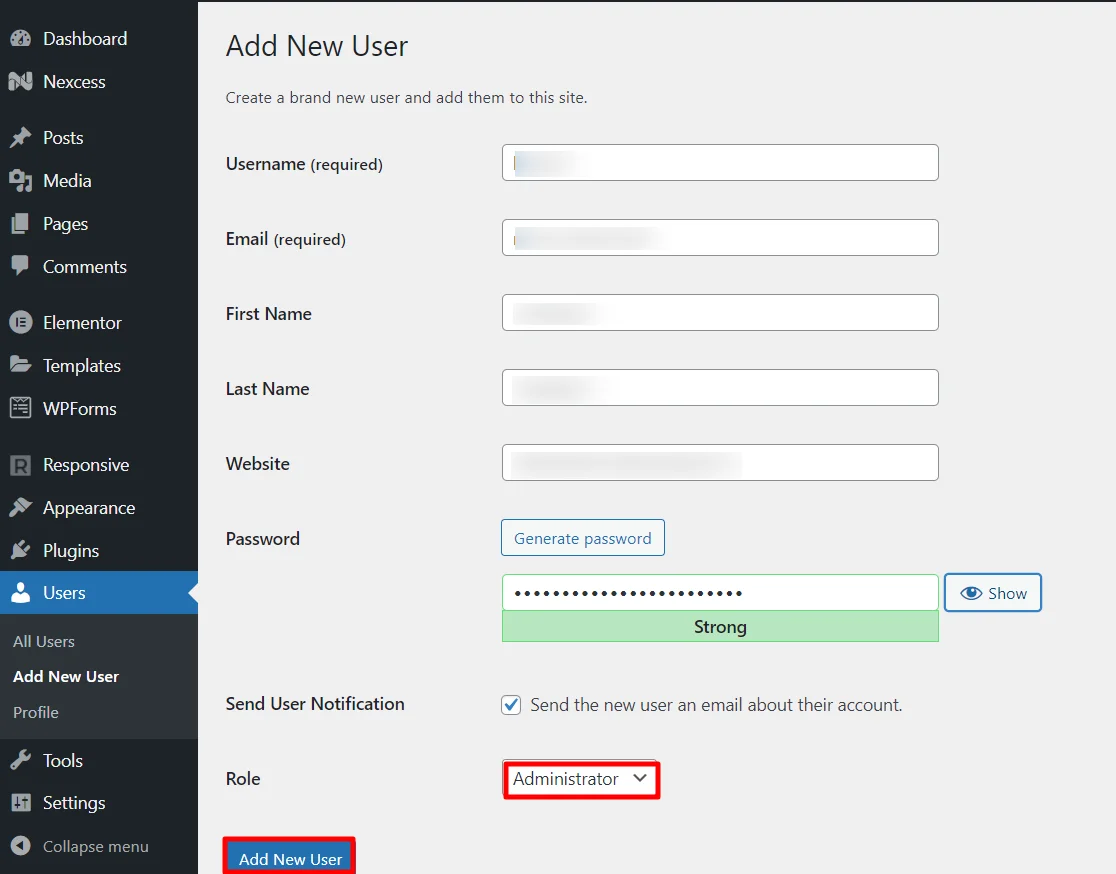 Filling up the required details of administrator