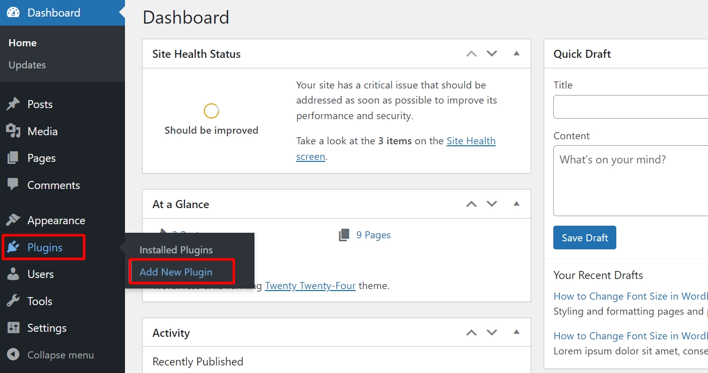 Navigate to Plugins > Add New plugin