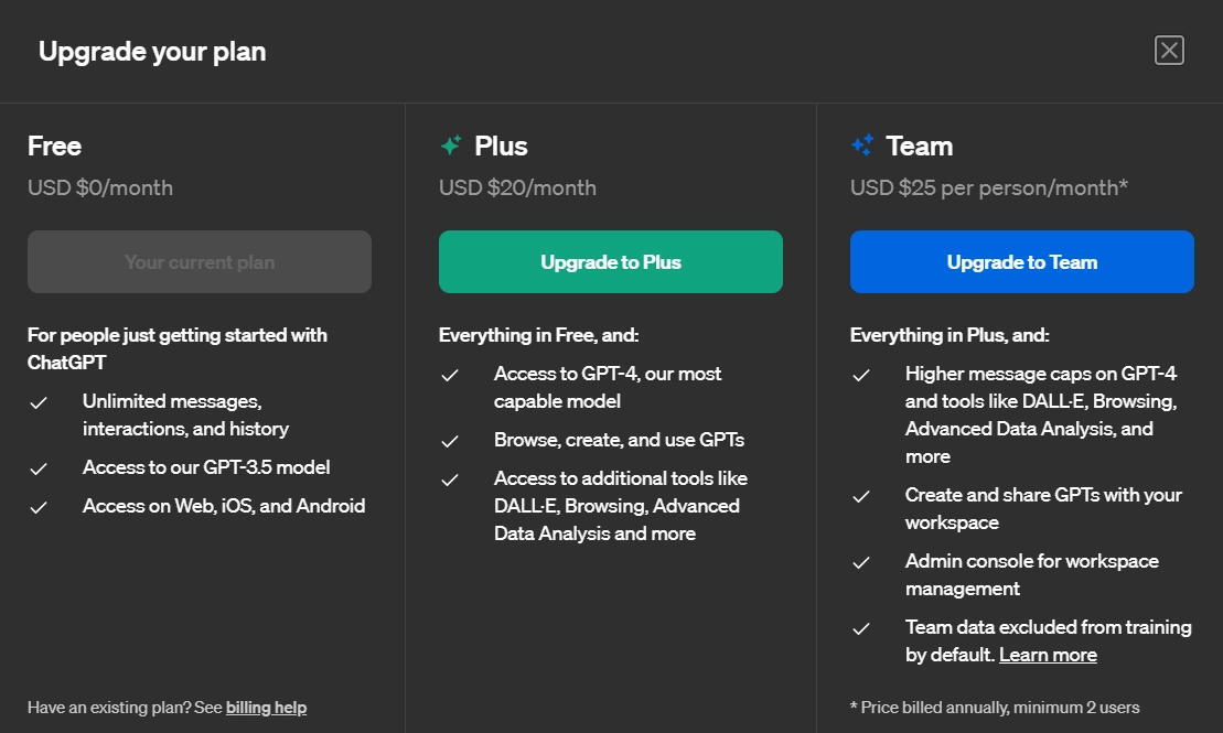 ChatGPT pricing