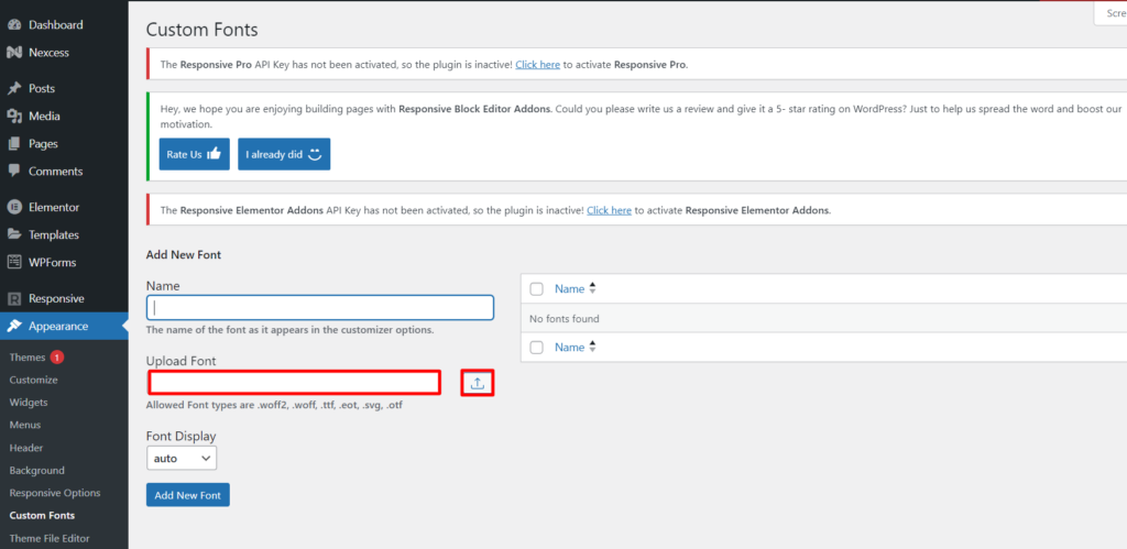 uploading the downloaded font file