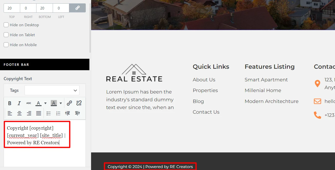 Publishing the copyright text in footer
