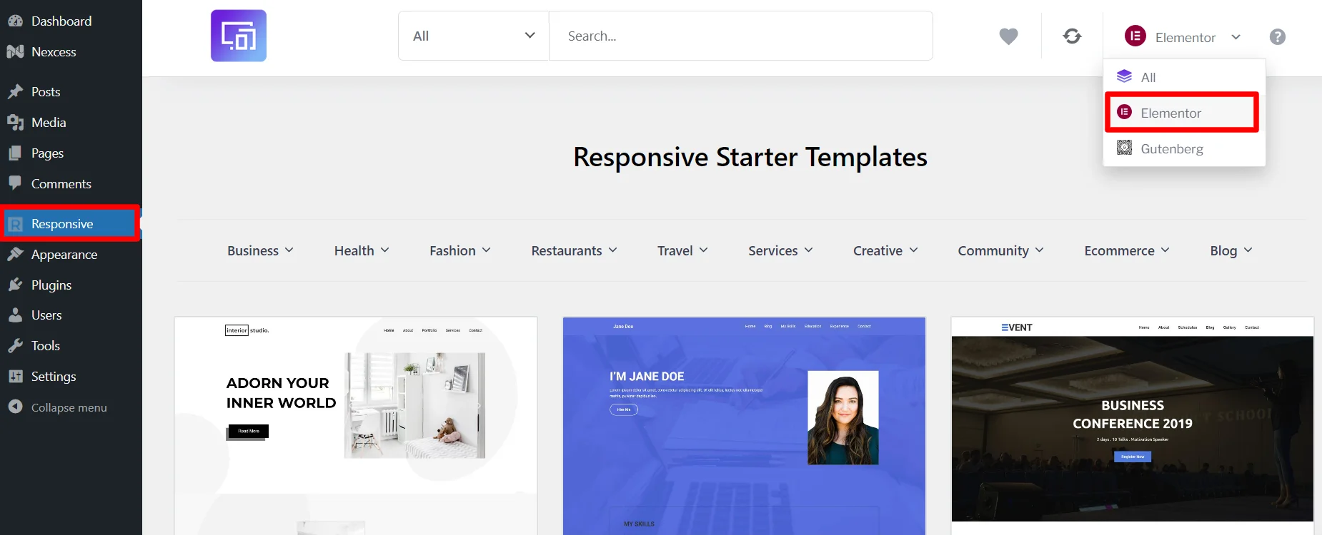 Navigating dashboard clicking responsive>elementor