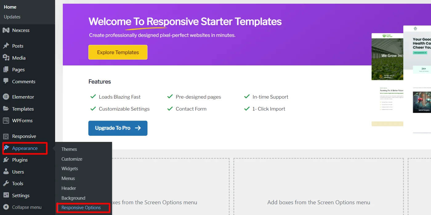 Navigating on appearance menu and clicking on responsive options
