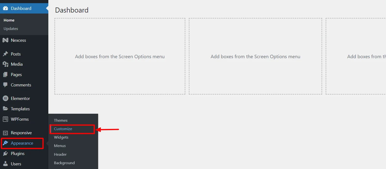 Clicking on customize menu