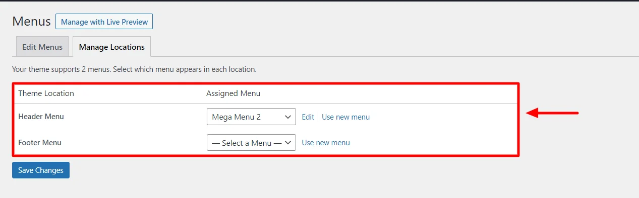 Managing the mega menu location