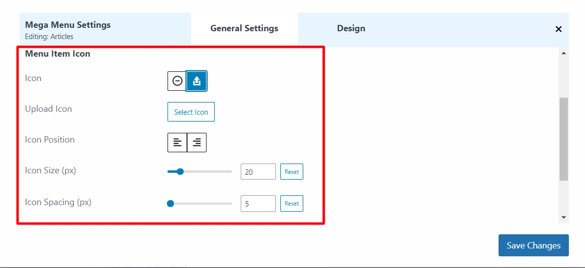 Editing the icon appearance mega menu 