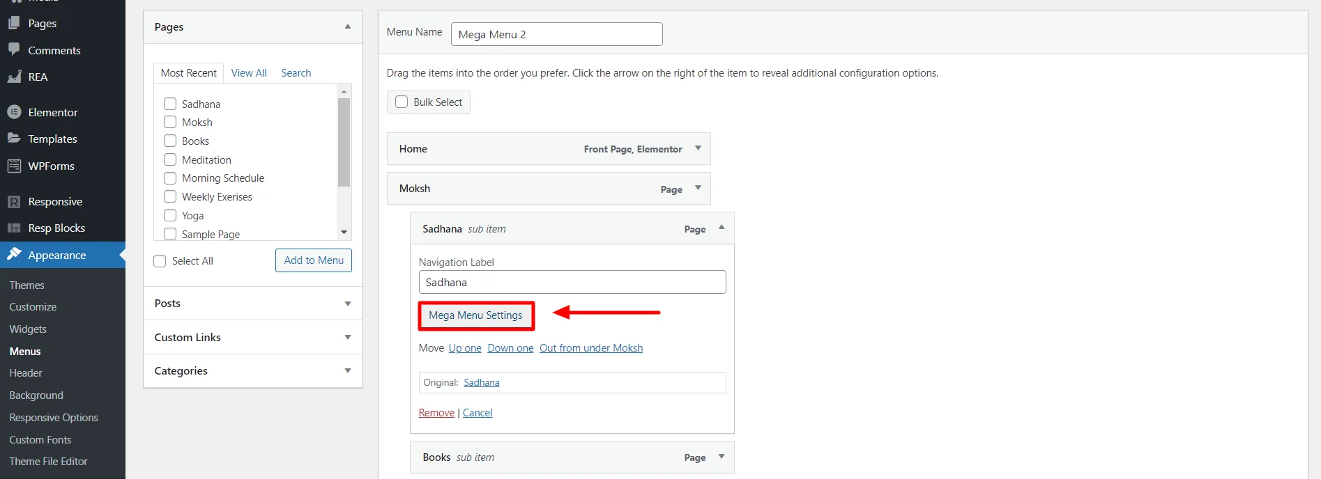 Clicking mega menu setting of sub category pages