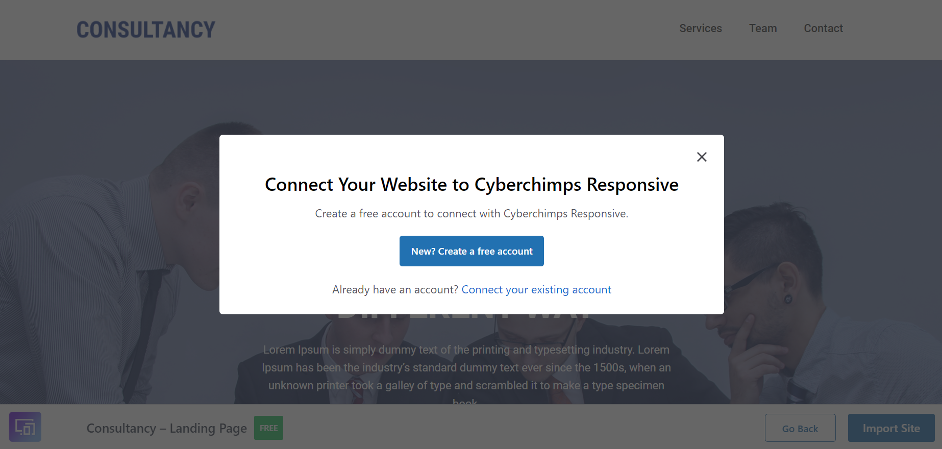 Create an account popup appears