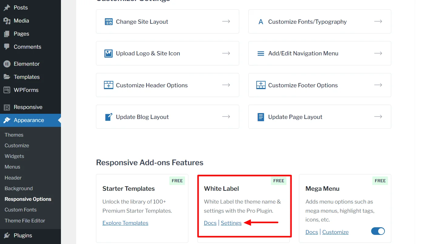 Clicking on settings under white label
