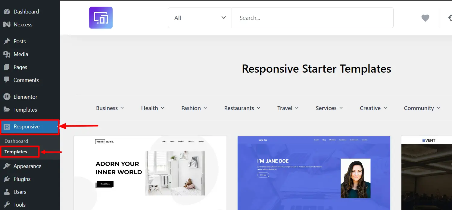 clicking Responsive tab>Templates