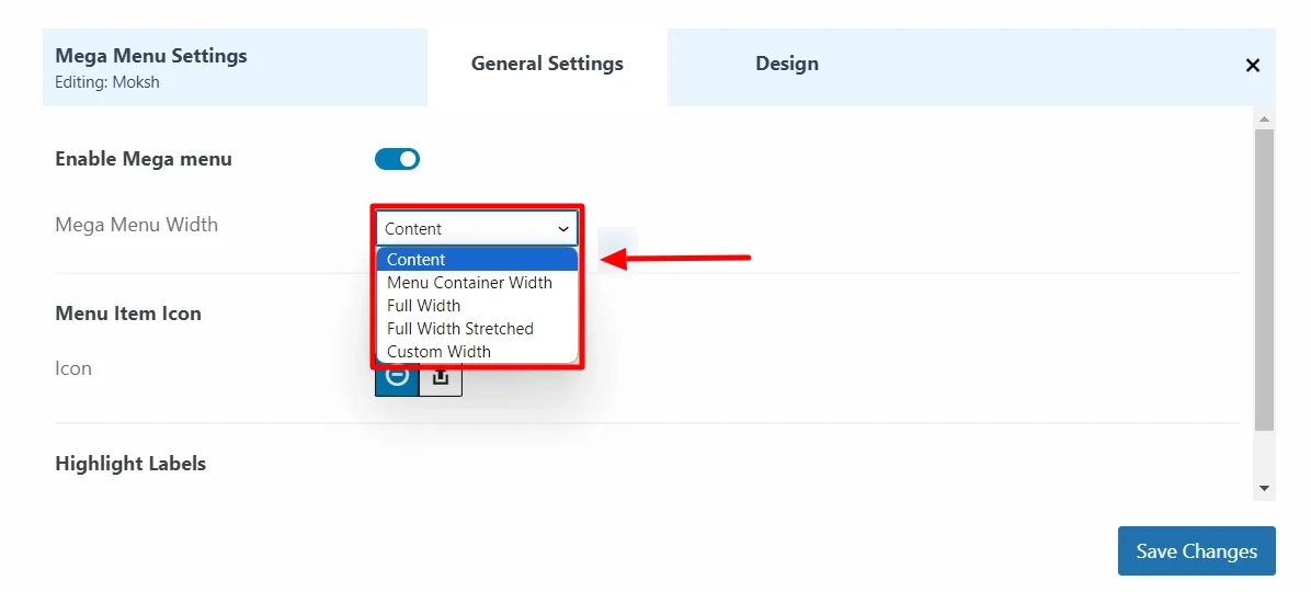 Selecting the width of mega menu