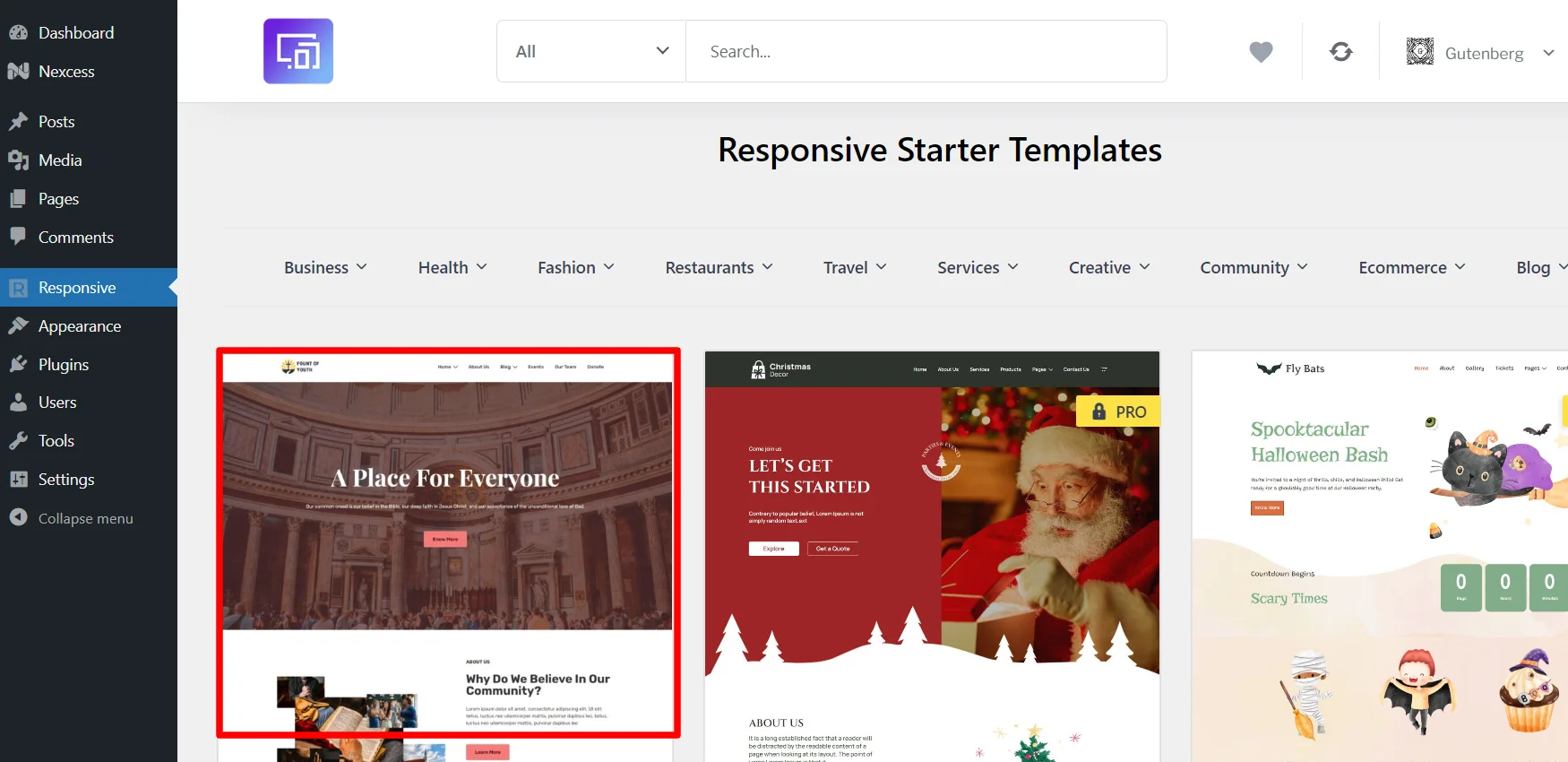 Choosing gutenberg template