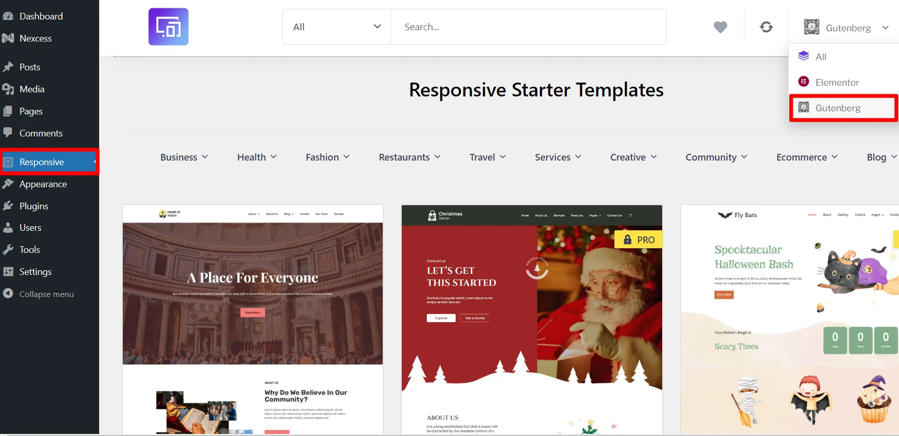 Navigating dashboard clicking responsive>gutenberg