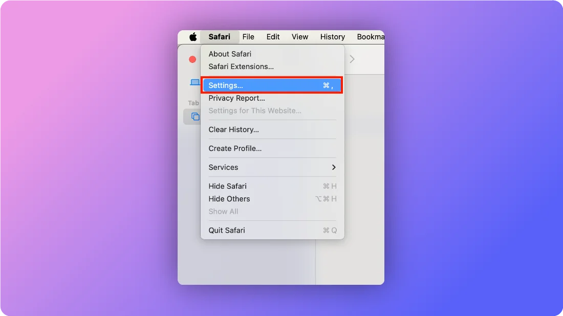 Navigating to safari and clicking settings