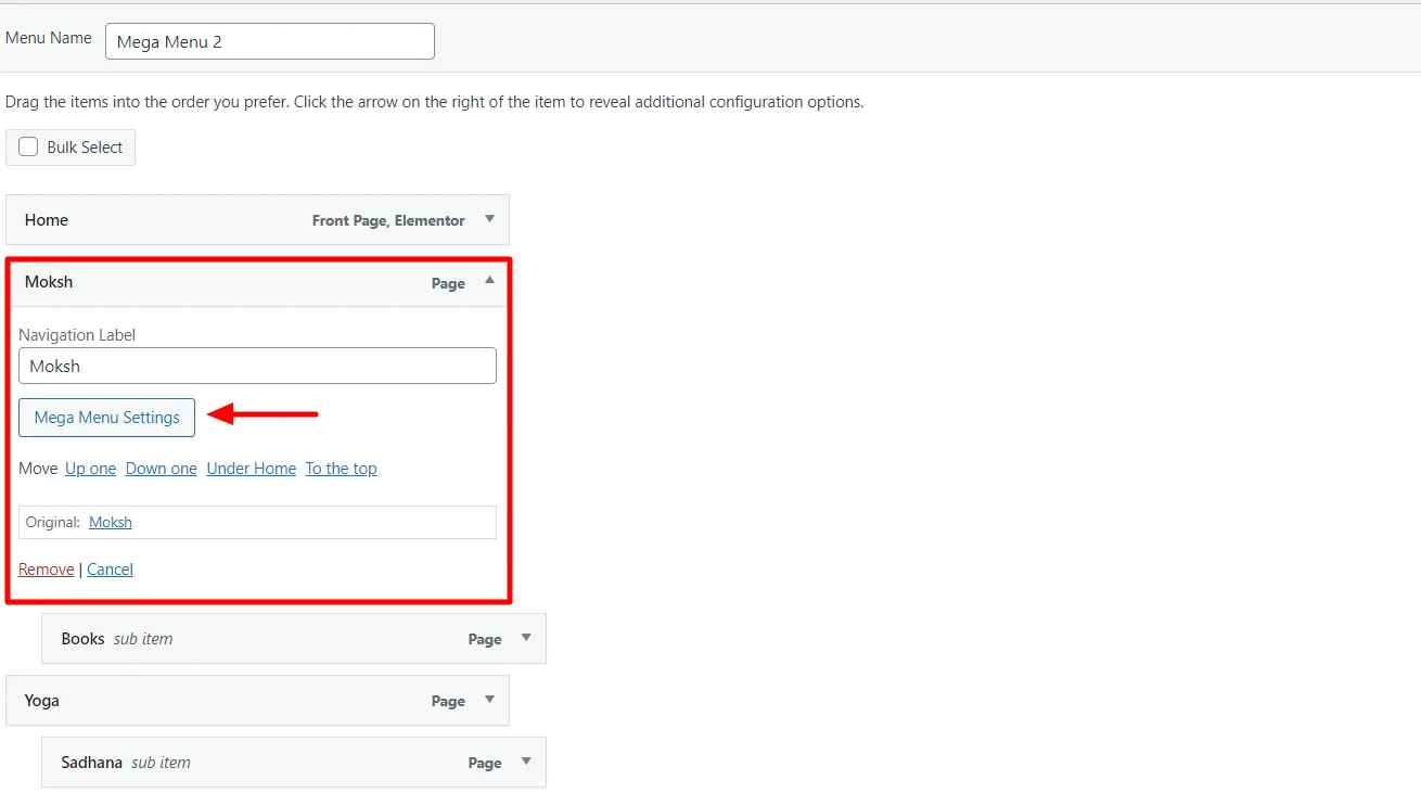 clicking mega menu settings