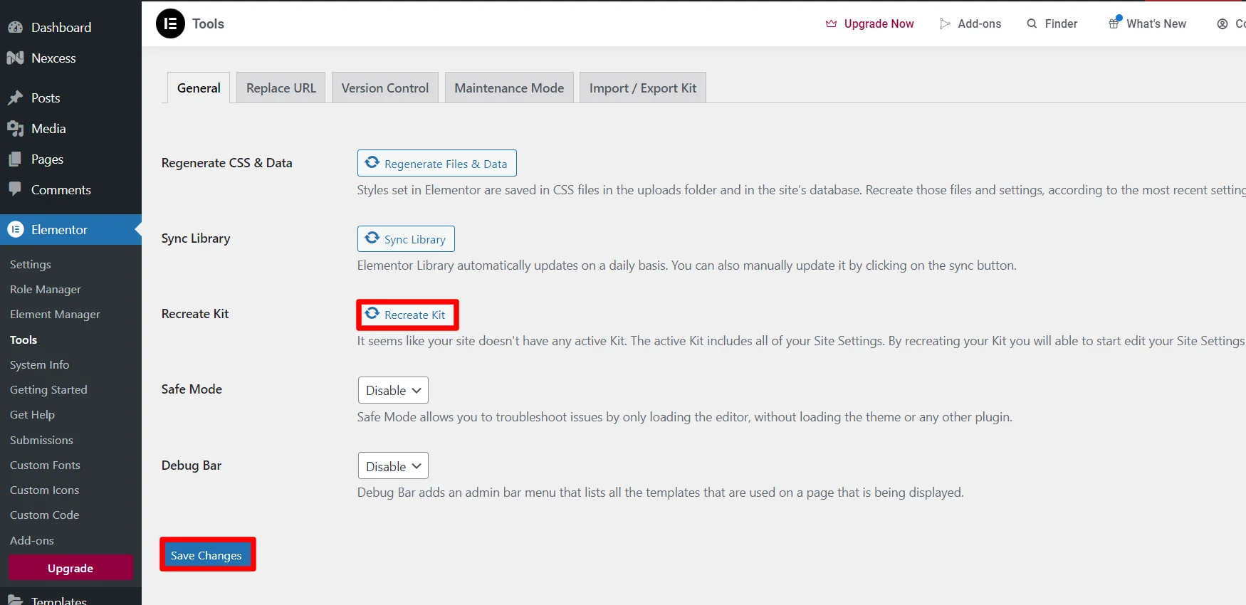 Clicking recreate site and saving changes