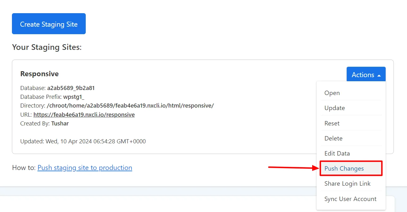 Click on the actions dropdown and select Push Changes