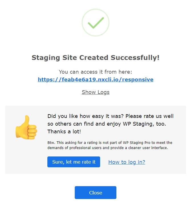 Staging site created successfully